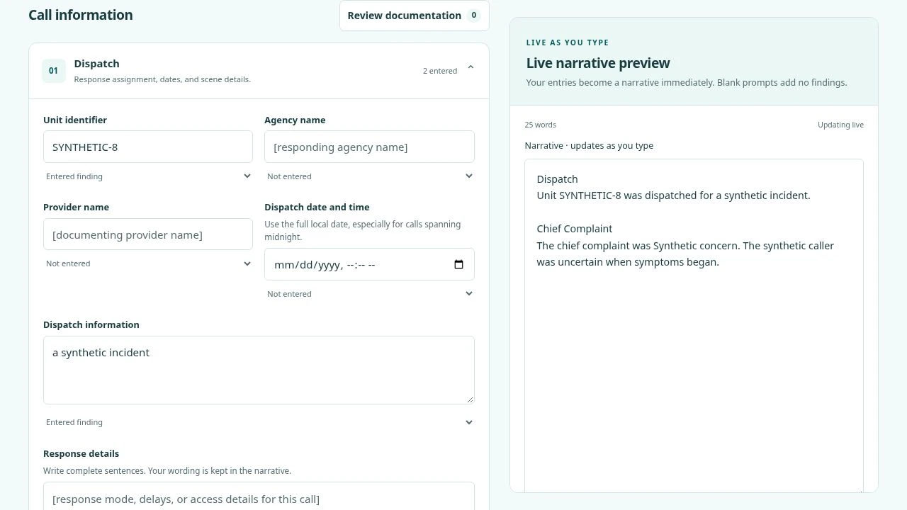 MedNarrate dispatch fields beside the live narrative preview, filled with fictional demonstration details.